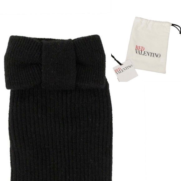 Valentino Black Ribbed Bow Wool Blend Sock Warmer - Picture 1 of 8